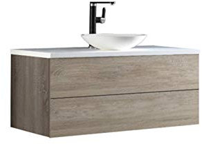 StoneArt Badmöbel Set mit Mineralguss Waschbecken Waschschale Aufsatzwaschbecken und Unterschrank Waschtisch Einzel- oder Doppelwaschbecken Brugge BU-1001pro-4 Eiche hell 100cm