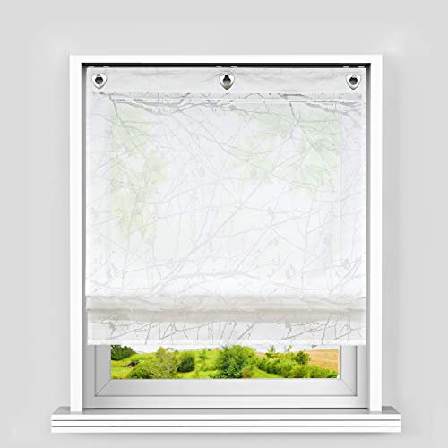 Heichkell Ausbrenner Hakenösen Raffrollo Voile Gardine ohne Bohren Ausbrenner Design Baumästemuster Küche Rollos Transparenter Vorhang Weiß BxH 80x140 cm