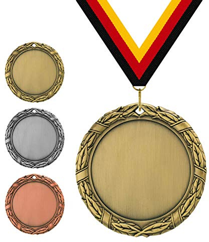 Medaille Italien Ø 70 mm, mit individuellem Wunschtext in Gold, Silber & Bronze Farbe | 50mm Aluminium Emblem und passendem Medaillenband | Für Fußball, Schwimmen, Leichtathletik, Tennis, Kindergeburtstage etc.