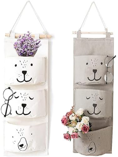 WEIWUXIAN Borsa Portaoggetti Appendere Parete, 2 Pezzi Tasche Portaoggetti Lino Cotone, Tasche Portaoggetti Parete, Borsa Parete, con 3 Tasche Per Camera da Letto, Bagno, Cucina (Grigio e Bianco)