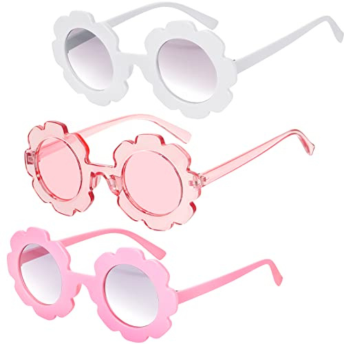 3 Pieces Kids Flower Sunglasses Toddler Girls Round Flower Glasses Baby Cute Sunglasses Outdoor Beach Colorful Eyewear (White, Pink, Transparent Pink)