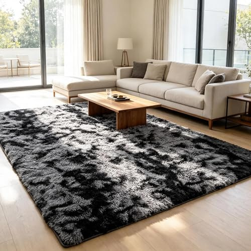 Calore Vardagsrumsmatta lurvig matta för sovrum, modern, bekväm, hemmatta, golvmatta (grå svart, 200 x 300 cm)