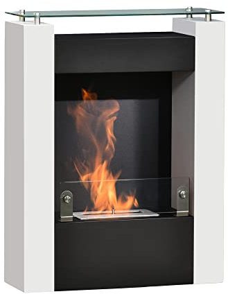 HOMCOM Ethanol-Kamin Bio-Ethanol-Brenner 1993W 1,5L 3 Std. Brenndauer kein Rauch frei stehend Edelstahl gehärtetes Glas Weiß+Schwarz 60 x 20 x 79 cm