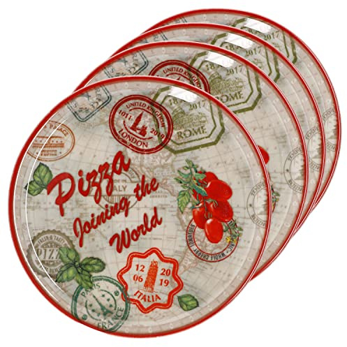 MamboCat 4er Set Pizzateller Rom rot Ø 33 cm I Servier Platten mit Motiven I Vorspeisenplatten zum Anrichten für Antipasti oder Tomate-Mozzarella I Bunte Porzellanteller für Pizza Pasta & Co