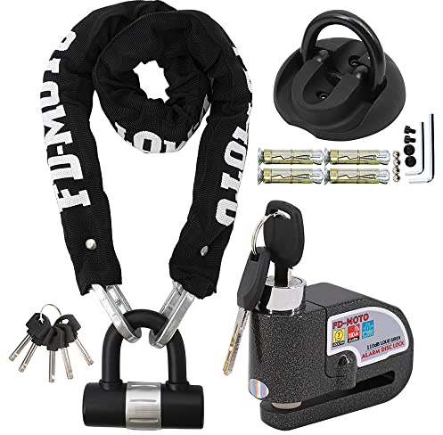 FD-Moto Chain Lock + Black Alarm Brake Disc Lock + Ground Anchor (4 Bolts) | 1M*10mm Black/White Steel Heavy Duty for Motorbike Motorcycle Scooter Bike Bicycle