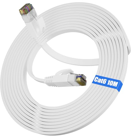 Soibke Cable Ethernet 10 Metros, Cat 6 Alta Velocidad Cable de Red 10 Metros Largo Cable Internet Blanco Cable LAN Plano Network Cable Gigabit 1000Mbps Cable Wifi Cable Wlan para Módem Rúter