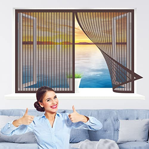 Fliegengitter Fenster Magnet, 140 x 115 cm Insektenschutz, Feines undurchdringliches Gitter, vollmagnetisch, schließt automatisch für Alle Arten von Fenstern, Braun