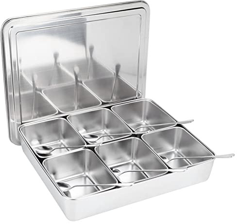 KIMISS 6-Grid Stainless Steel Seasoning Container Set with Spoons - Ideal for Kitchen Storage and Organization