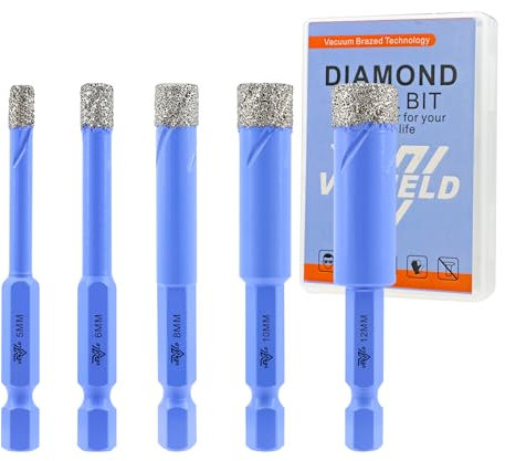 Punte da Trapano Diamantate 5/6/8/10/12mm - 5 Pezzi Punte per Piastrelle per Porcellana Ceramica Marmo Granito - Attacco Esagonale a Cambio Rapido con Custodia