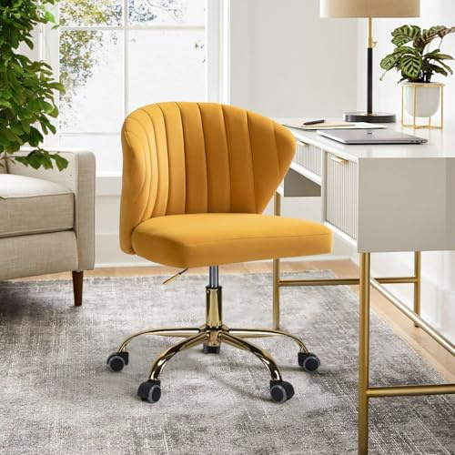 FABRICATION HAUS Chaise de Bureau Moderne, Chaise Coquille Ergonomique, Fauteuil de Bureau Mignonne en Velours, Siège Roulante Pivotante à Dossier Bas Réglable, pour Salon, Salle d'Etude, Orange