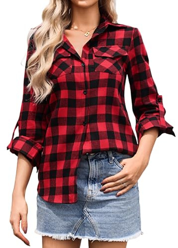 Aottori Camicia Donna a Quadri in Cotone Blusa Maniche Lunghe Camicetta Scozzese con Bottoni Camicie Flanella Classico Shirts Casual Rosso L