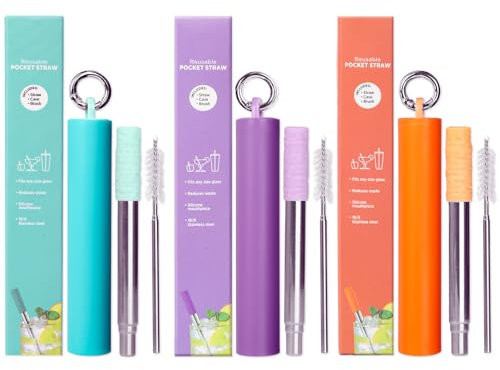Pajitas reutilizables, paquete de 3 pajitas de metal de acero inoxidable, plegables, portátiles, pajitas telescópicas de viaje con puntas de silicona, funda de viaje, llavero, cepillo limpiador
