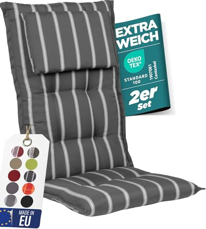 gardisun Gartenstuhlauflagen Hochlehner mit Kopfteil, 2er Set, Anthrazit | Extra dicke Sitzauflagen, Made in EU, Polsterauflagen für Hochlehner, Auflagen mit extra hoher Lichtechtheit