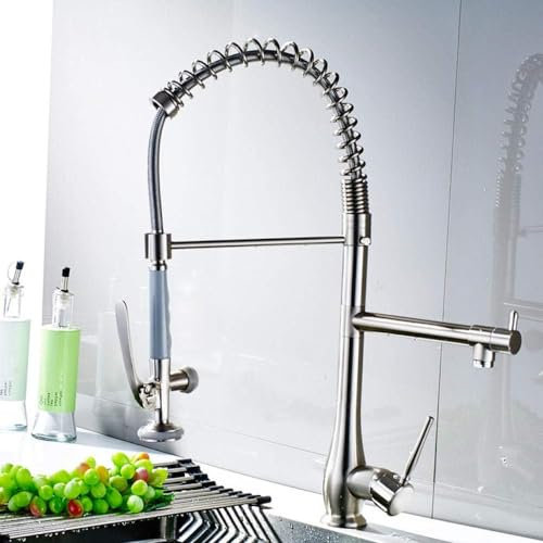 Küchenarmaturen Aus Gebürstetem Nickel Im Frühlingsstil, Mischbatterie Mit Doppelbrause, Schwenkbarer Auslauf, Drehbarer Heiß- Und Kaltwasserhahn, Waschbecken-Mischbatterie