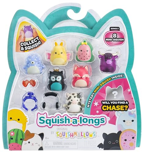 Squish-a-longs Confezione da 8 (Stile 4- W2) - (8) Mini-Squish da 2,5 cm con (2) Accessori, (1) Anello e una guida per collezionisti - Colleziona, commercia e gioca