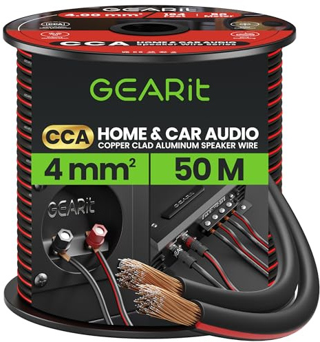 GEARit 12 Gauge Speaker Cable 50m, Flexible 2x4mm² Speaker Wire with Polarity Markings, 2-Conductor 12AWG CCA Audio Cable for In-Wall Home Cinema, Car Audio Stereo, HiFi Surround Sound (Black)