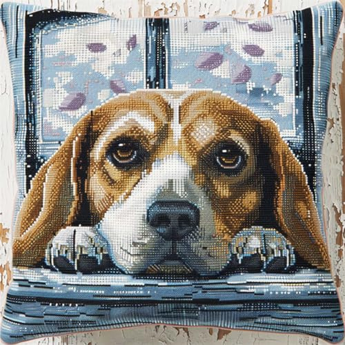 RKFLGEW DIY knüpfen set kissen Beagle Tier knüpfhaken set Süßer Hund Kissenbezug zum Selbermachen für Anfänger und Erwachsene，Geschenke für Familie，Freunde，Handarbeiten，Basteln，Hakenset für T 43x43cm