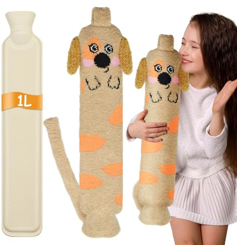 Cyiecw Cartoon Plüsch Wärmeflasche Lang, 1 Liter Kinder Wärmflasche mit weichem Bezug, 57 x 10cm Kleine Kapazität Schlauch Wärmflasche Tier für Schulter, Nacken und Bauch (Hündchen)