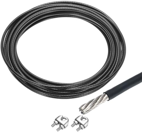 QUARKZMAN Drahtseil Edelstahl 10M x 5 mm Stahlseil PVC ummantelt mit 2 Seilklemmen Sicherungsdraht Aufhängedraht Drahtkabel Wäscheleine für Bilderrahmen Outdoor Zaun Gardinen, Schwarz