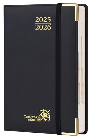 POPRUN Tagesplaner 2025 2026 A5 Hardcover 21,5 x 14,5 cm (Aug.2025-Jul.2026), Tageskalender 1 Tag 1 Seite (Montag - Sonntag) mit PU-Leder, Monatliche Registerkarten- Schwarz