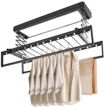 HUSPOO Elektrischer Wäscheständer, Höhenverstellbar Wand Wäschetrockengestell mit Fernbedienung und Beleuchtungs, Deckenmontage, Kohlenstoffstahl und Aluminiumlegierung, Ausziehbar (Grau)