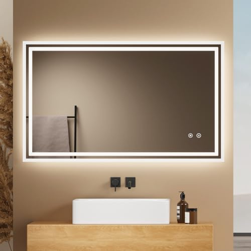 EMKE Badspiegel mit Beleuchtung 100x60cm, dimmbares kaltweißes Licht | Badezimmerspiegel mit Anti-Beschlag-Funktion, Touchschalter, Speicherfunktion, automatische Abschaltung nach 3 Stunden
