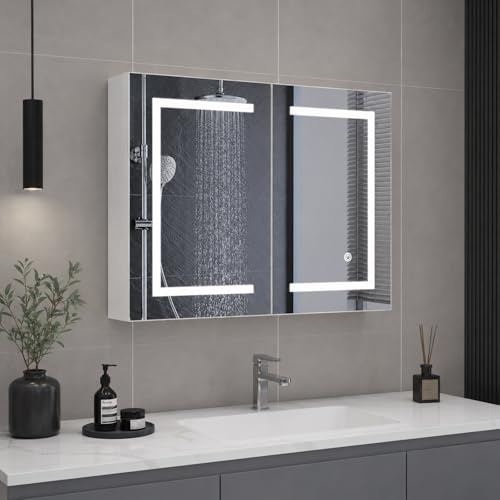 Spegelskåp, badrum med LED-belysning, 80 x 13,5 x 60 cm, badrumsskåp, väggskåp, dubbeldörr, badrumsskåp med spegel och glashylla, 3 färgtemperatur dimbar för badrum (vit, 80 x 60 cm)