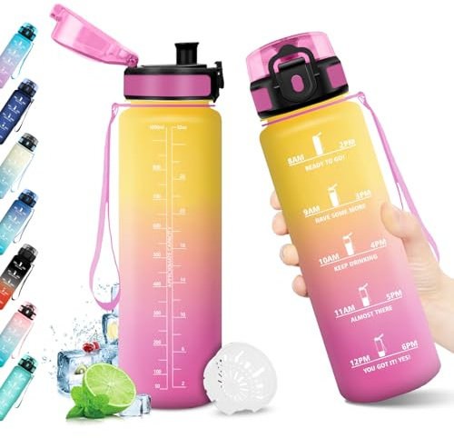 Sportflasche 1L, Auslaufsicher, Trinkflasche mit Zeitmarkierung und Filter, BPA-frei, Trinkflasche Kohlensäure Geeignet, Motivierende Wasserflasche für Fitness, Schule, Fahrrad, Yoga, Camping,