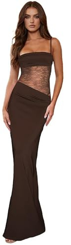 Sukiglam Dam sexig ärmlös maxiklänning genomskinliga spetsklänningar lappverk chic spaghettiband fyrkantig hals lång bodycon klänning sommar elegant rygglös aftonklänningar cocktail klubbfest, Brun, M