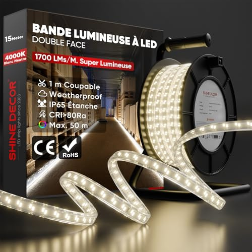 Shine Decor LED Streifen 15m, 210W, 22.500lm, IP65 Wasserfest LED Arbeitsleuchte, Ausziehbar auf 50m für Bau, Garage, Arbeitsort, Garten, Baubedarf (Neutralweiß 4000K, 15m mit Kabeltrommel)