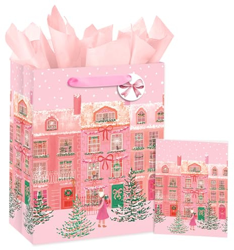 Loveinside Weihnachtsgeschenktüte für Mädchen und Frauen, rosa Winterstraßen-Design mit Schnee, Bäumen und Weihnachtsdeko, mittelgroße Tüte mit Seidenpapier, 25,4 x 12,7 x 33 cm, 1 Stück