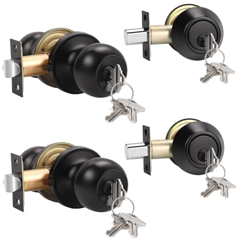 Knobonly 2 Pack Entry Door Knobs with Double Cylinder Deadbolt, Same Keys One Keyway Door Handlesets, Matte Black Finish-Keyed on Both Side