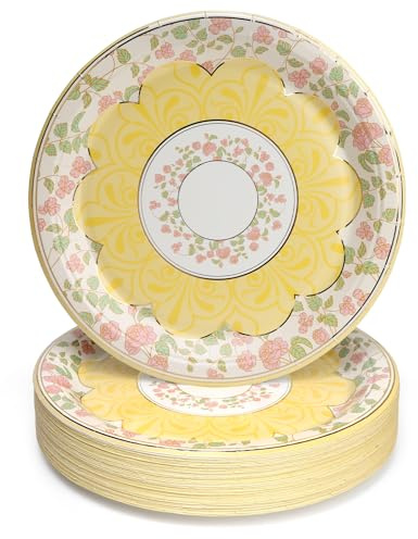 PARTY GO 50 piatti di carta gialli con motivo floreale rosa, piatti da tè pomeridiani, per matrimoni, compleanni, tè pomeridiani, decorazione da tavolo, per 50 ospiti
