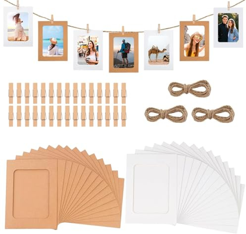 30 Pièces Cadre Photo en Papier Kraft, Murale Suspendue Cadres en Carton, Photo en Papier DIY Avec Clips et Cordes, Cadres en Carton Décoration pour Anniversaire, Mariage, Anniversaire (Blanc Marron)