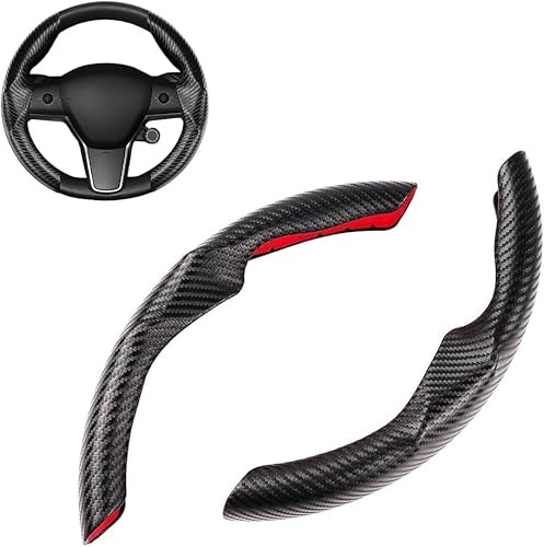 2 Pieces Tesla 3/Y ABS Anti-Slip Segment Steering Wheel Cover, Carbon Fiber Pattern Steering Wheel Cover Compatible with 2017-2023 Tesla Model 3, Steering Wheel Cover Set