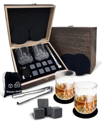Whiskey Glasses Set of 2, Whiskey Glass Gift Set with 8 Whisky Stones in Wooden Box, Whisky Gift Set - Christmas Birthday Party Gift for Men Him Family Husband Dad Grandad Boyfriend
