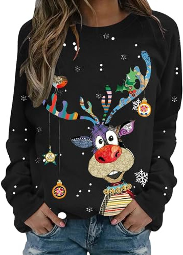 UXSELKCD Weihnachtspullover Damen Weihnachtspullover Damen Lustige Weihnachten Ugly Sweatshirt Baumwolle Pulli Basic Rundhals Hirschkopf Muster Weihnachtskostüm