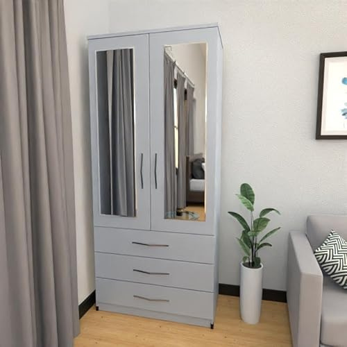 Modern Assembled Wardrobe, 78 cm Wide, 2 Mirrored Doors, 3 Drawers, White (Silver)