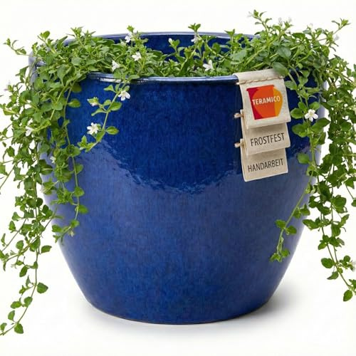 Teramico Premium planteringskruka keramisk glaserad – 100 % frostbeständig och handgjord. Blomkruka med hål för utomhus- och inomhusbruk. Högkvalitativ ytterkruka unik vintersäker (kungsblå, 29 cm x