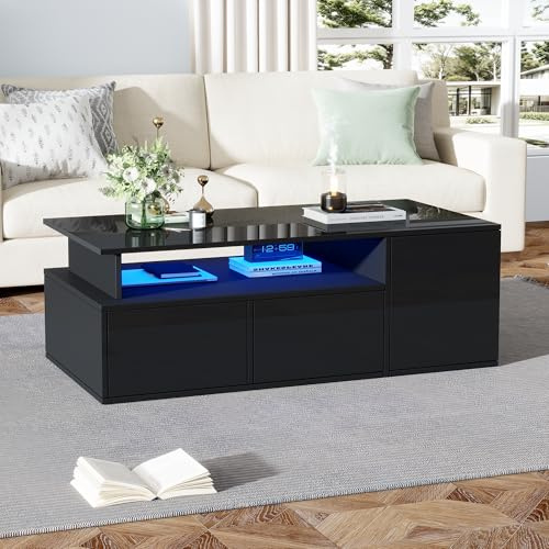 FammyLoft High Gloss Coffee Table with Open Storage and LED Lights, Centre Table with 2 Drawers, Sofa Side Table, Space-saving End Table, Tea Table, 100 * 50 * 35cm, Black