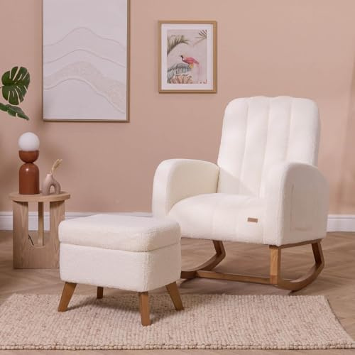 Tutti Bambini Luca Bouclé Baby Rocking Chair with Footstool – Nursing Chair with Ergonomic Backrest & Armrests, Soft Bouclé Upholstery with Side Pocket for Comfortable Feeding & Cradling - Fresh Cream