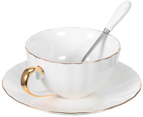 INOOMP Juego de Taza de Café de Porcelana Ósea Color Puro Filo Dorado, Capacidad 220 Ml, Incluye Platillo para Espresso, Capuchino y Té, Adecuado para Uso en Casa y Cafetería