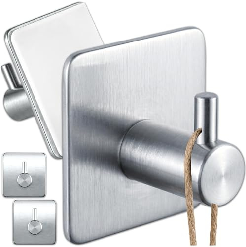 KRUMAD Set 4 Stk Selbstklebende Haken ohne Bohren, Wasserfeste Klebehaken Bad, Silber Handtuchhalter, Langlebige Haken für Bad, Wandhaken für Handtücher, Küche und Flur, Starke Haftung