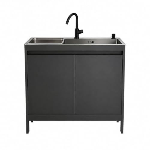 Mobile Lavatoio Salvaspazio con Lavello Inox, Lavandino per Lavanderia Compatto con Rubinetto Nero, Mobiletto da Cucina Interno Armadietto Autoportante con 2 Ante per Bagno e Garage