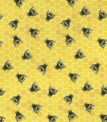 100% Cotton Poplin Fabric x 110cm - Bees on Honey Yellow Background (1 Metre)