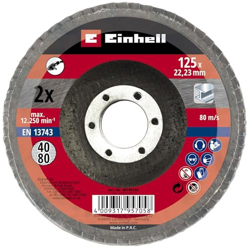 Einhell - Set di 2 dischi a ventaglio (accessori per smerigliatrice angolare, grana P40 e P80, Ø 125 x 22,23 mm, mop, dischi lamellari per metallo e acciaio)