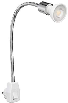 ledscom.de Steckdosenlampe LESCH Leselampe Schwanenhals, Schalter, Chrom inkl. GU10 LED Reflektorlampe 5,558W 535lm 30° weiß