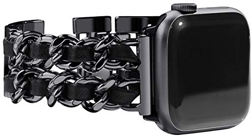 NewWays kvinnor metallrem kompatibel med Apple Watch 38 mm 40 mm 41 mm, rostfritt stål länkarmband för iWatch serie 9/8/7/6/5/4/3/2/1/SE, svart länk med svart läder