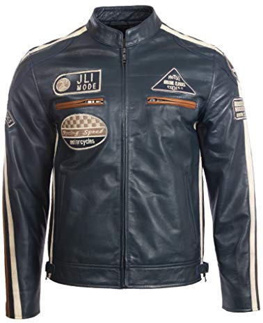 Aviatrix Chaqueta Biker De Cuero Autentico para Hombre con Cuello De Banda y Distintivos De Moto (CXUS)