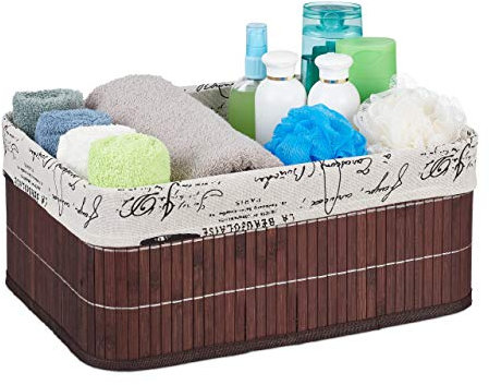 Relaxdays Cesto Almacenamiento, Funda Tela Diseño Retro, Bambú, Rectangular, Cesta Estante Baño, 16,5x38x28,5 cm, Marrón